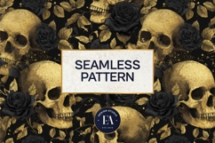 Golden Skull Seamless Pattern, Gothic Black Floral Skulls Product Image 3
