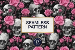 Pink Rose Skull Pattern, Gothic Floral Skull Digital Paper Product Image 3
