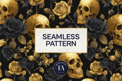 Golden Skull Seamless Pattern, Gothic Black Floral Skulls Product Image 3