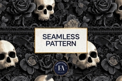 Black Skull Seamless Pattern, Gothic Black Floral Skulls Product Image 3