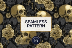 Golden Skull Seamless Pattern, Gothic Black Floral Skulls Product Image 3