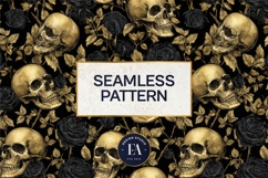 Golden Skull Seamless Pattern, Gothic Black Floral Skulls Product Image 3