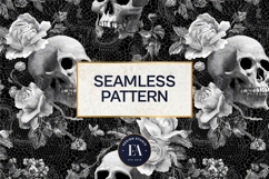 Black Skull Seamless Pattern, Gothic Black Floral Skulls Product Image 3