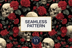 Red Rose Skull Pattern, Gothic Floral Skull Digital Paper Product Image 3