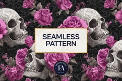 Pink Rose Skull Pattern, Gothic Floral Skull Digital Paper Product Image 3