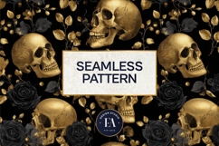 Golden Skull Seamless Pattern, Gothic Black Floral Skulls Product Image 3