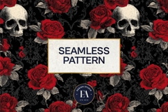 Red Rose Skull Pattern, Gothic Floral Skull Digital Paper Product Image 3