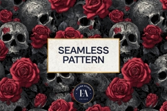 Red Rose Skull Pattern, Gothic Floral Skull Digital Paper Product Image 3
