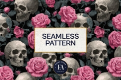 Pink Rose Skull Pattern, Gothic Floral Skull Digital Paper Product Image 3