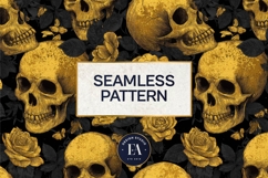 Golden Skull Seamless Pattern, Gothic Black Floral Skulls Product Image 3