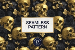 Golden Skull Seamless Pattern, Gothic Black Floral Skulls Product Image 3