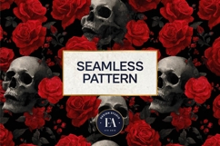 Red Rose Skull Pattern, Gothic Floral Skull Digital Paper Product Image 3