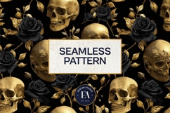 Golden Skull Seamless Pattern, Gothic Black Floral Skulls Product Image 3