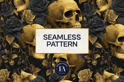 Golden Skull Seamless Pattern, Gothic Black Floral Skulls Product Image 3