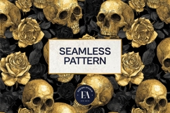 Golden Skull Seamless Pattern, Gothic Black Floral Skulls Product Image 3
