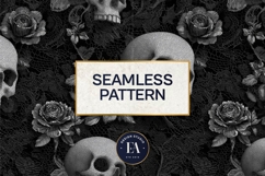 Black Skull Seamless Pattern, Gothic Black Floral Skulls Product Image 3