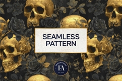 Golden Skull Seamless Pattern, Gothic Black Floral Skulls Product Image 3