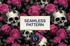 Pink Rose Skull Pattern, Gothic Floral Skull Digital Paper Product Image 3