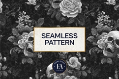 Black Skull Seamless Pattern, Gothic Black Floral Skulls Product Image 3