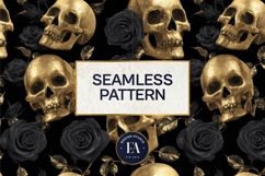 Golden Skull Seamless Pattern, Gothic Black Floral Skulls Product Image 3