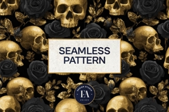 Golden Skull Seamless Pattern, Gothic Black Floral Skulls Product Image 3
