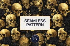 Golden Skull Seamless Pattern, Gothic Black Floral Skulls Product Image 3