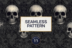 Black Skull Seamless Pattern, Gothic Black Floral Skulls Product Image 3