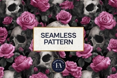 Pink Rose Skull Pattern, Gothic Floral Skull Digital Paper Product Image 3