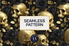 Golden Skull Seamless Pattern, Gothic Black Floral Skulls Product Image 3
