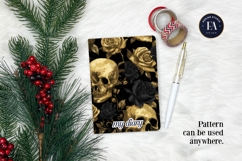 Golden Skull Seamless Pattern, Gothic Black Floral Skulls Product Image 4