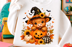 Cute Highland Cow Witch Halloween Pumpkin PNG Product Image 1