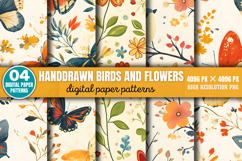 Handdrawn Birds And Flowers Patterns Digital Paper PNG Product Image 1