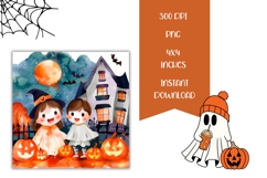 Kids Halloween Square Coasters, Watercolor Halloween Print Product Image 2