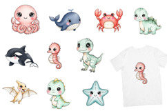 Kawaii Sea Creatures &amp; Dinosaurs Watercolor Clipart Product Image 2