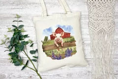Watercolor Baby Pig Illustration, Watercolor Farm House PNG Product Image 2