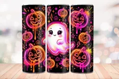 Neon Pumpkin Ghost 20 OZ Skinny Tumbler Wrap Sublimation PNG Product Image 2