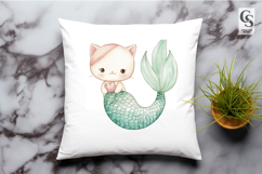 Cute Cat Mermaid Watercolor Clipart Sublimation PNG Product Image 2