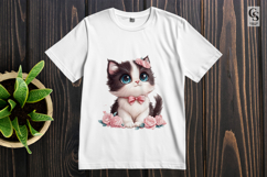 Cute Black and White Kitten with Pink Bow Floral Cat Clipart Product Image 2