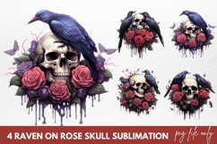 Raven On Rose Skull Sublimation Clipart, Watercolor Clipart Product Image 1
