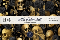 Golden Skull Seamless Pattern, Gothic Black Floral Skulls Product Image 1