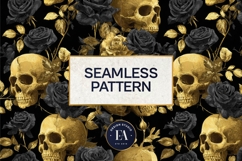 Golden Skull Seamless Pattern, Gothic Black Floral Skulls Product Image 3