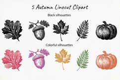 Autumn Linocut Clipart - Black Silhouette Fall Leaves PNG Product Image 2