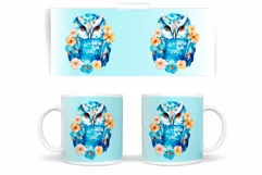 Blue Owl Mug Wrap Design. Owl and flowers Sublimation Product Image 2