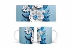 3D Flowers Mug Sublimation. Blue and White Flowers Mug Wrap Product Image 2