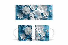 3D Flowers Mug Wrap. Blue and White Flowers Mug Design Product Image 2