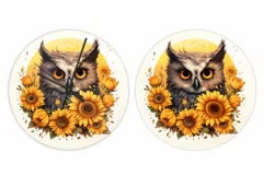 Owl Watercolor Round Clock. Owl Sunflowers Clock Sublimation Product Image 2