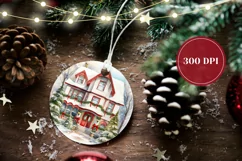 Watercolor Christmas House Ornament, Christmas Product Tag Product Image 2