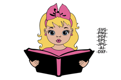 Blonde Girl Reading Book SVG Pink Glitter Bow School Clipart Product Image 2