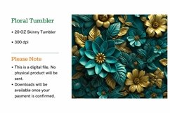 3D Teal and Gold Floral Skinny Tumbler Wrap Sublimation PNG Product Image 2