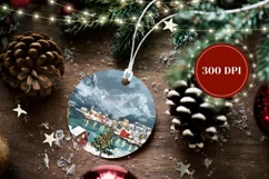 Winter Village Round Ornament, Winter Lake Ornament PNG Product Image 2